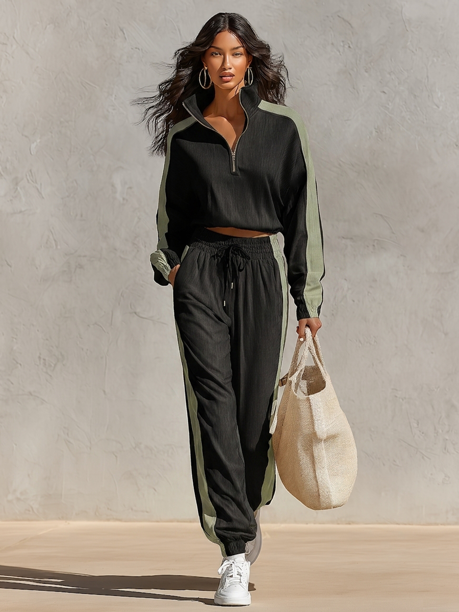 Women's Black Light Green Cotton Blend Co-Ord Set With Contrast Side Panel Long Sleeve Top & Drawstring Elastic Waist Joggers, Minimalist Streetwear Two Piece Outfit MDZ2844G9LYL