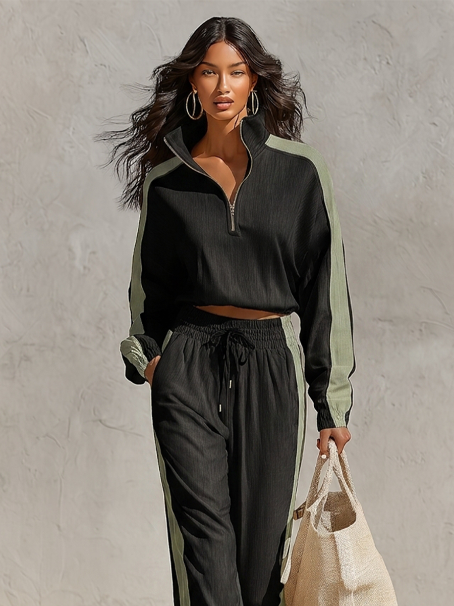 Women's Black Light Green Cotton Blend Co-Ord Set With Contrast Side Panel Long Sleeve Top & Drawstring Elastic Waist Joggers, Minimalist Streetwear Two Piece Outfit MDZ2844G9LYL