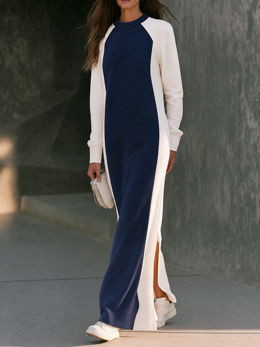 Women's Navy & Off-White Color-Block Raglan-Sleeve Cotton-Blend Athleisure Maxi Dress With Side Slits MDZ2895G1ZRK