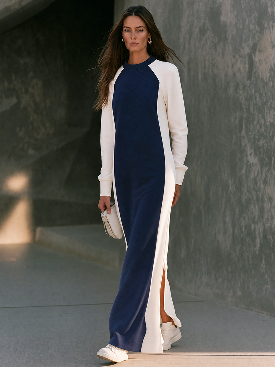 Women's Navy & Off-White Color-Block Raglan-Sleeve Cotton-Blend Athleisure Maxi Dress With Side Slits MDZ2895G1ZRK