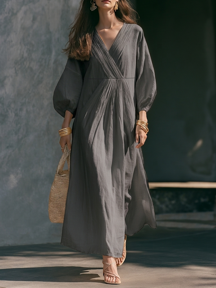 Women's Cotton-Linen Blend V-Neck Puff-Sleeve Loose Maxi Dress MDZ2824G5ZRK