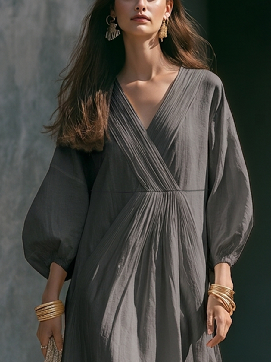 Women's Cotton-Linen Blend V-Neck Puff-Sleeve Loose Maxi Dress MDZ2824G5ZRK