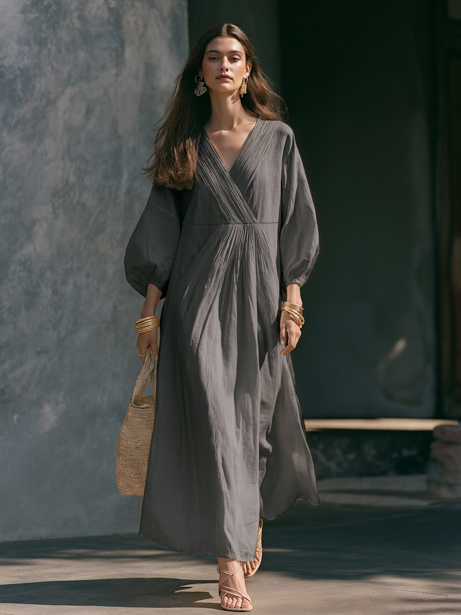 Women's Cotton-Linen Blend V-Neck Puff-Sleeve Loose Maxi Dress MDZ2824G5ZRK
