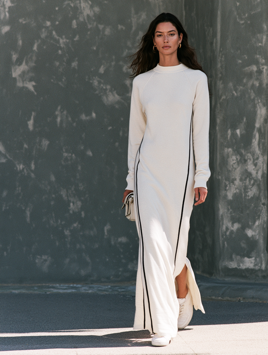Women's Casual White Long-sleeved Maxi Dress In Stretchy Sweatshirt Fabric With A Round Neck MDZ2864G8LXY