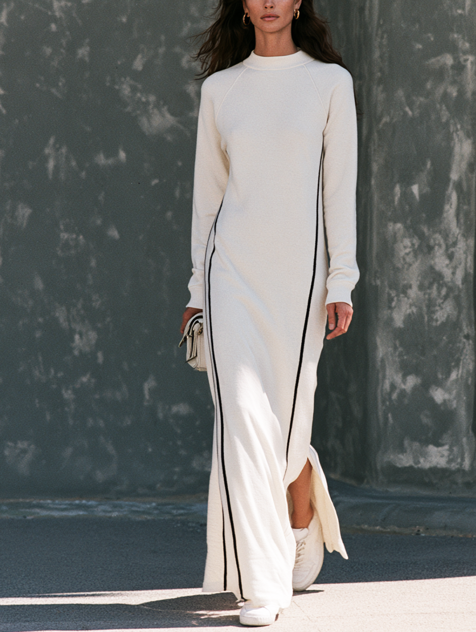 Women's Casual White Long-sleeved Maxi Dress In Stretchy Sweatshirt Fabric With A Round Neck MDZ2864G8LXY