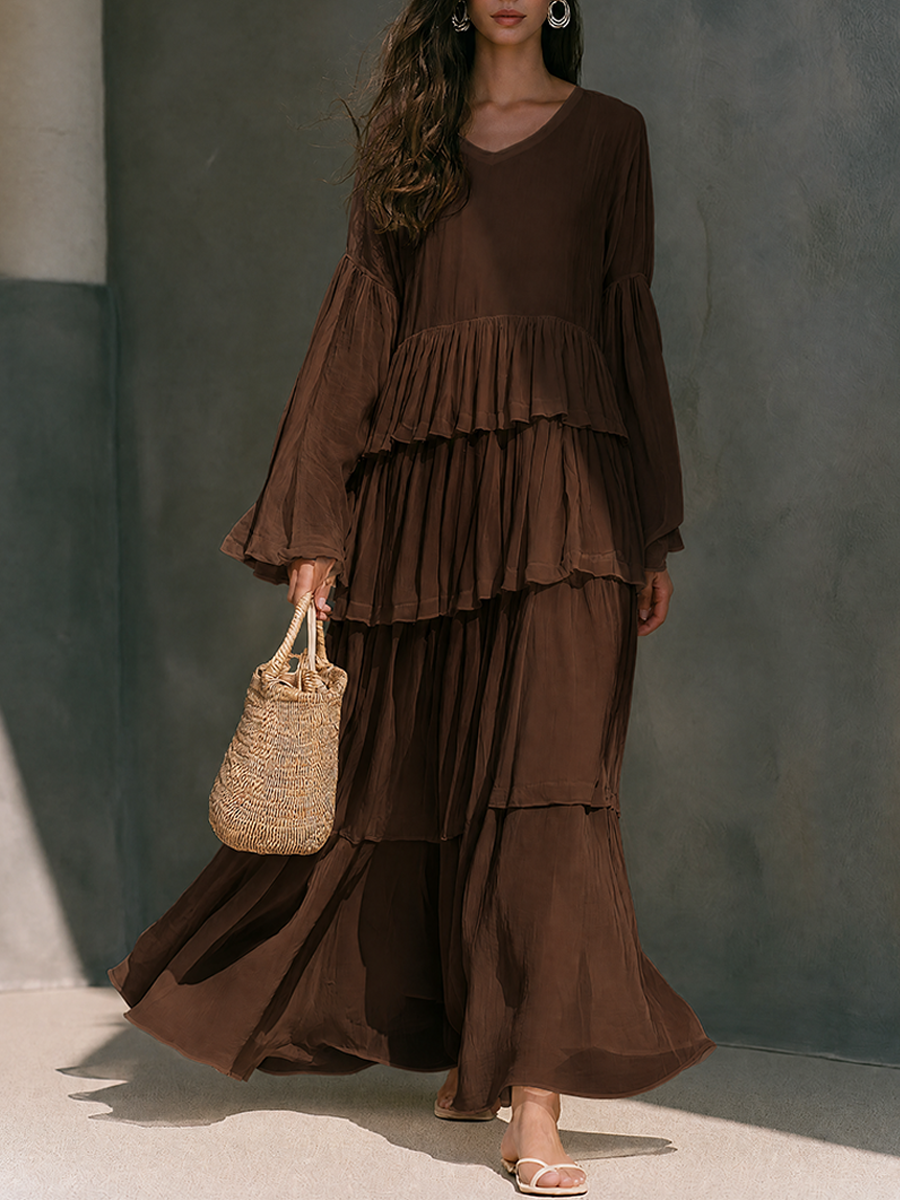 Women's Chiffon V-Neck Maxi Dress With Tiered Ruffles And Flared Sleeves MDZ2818G8ZRK