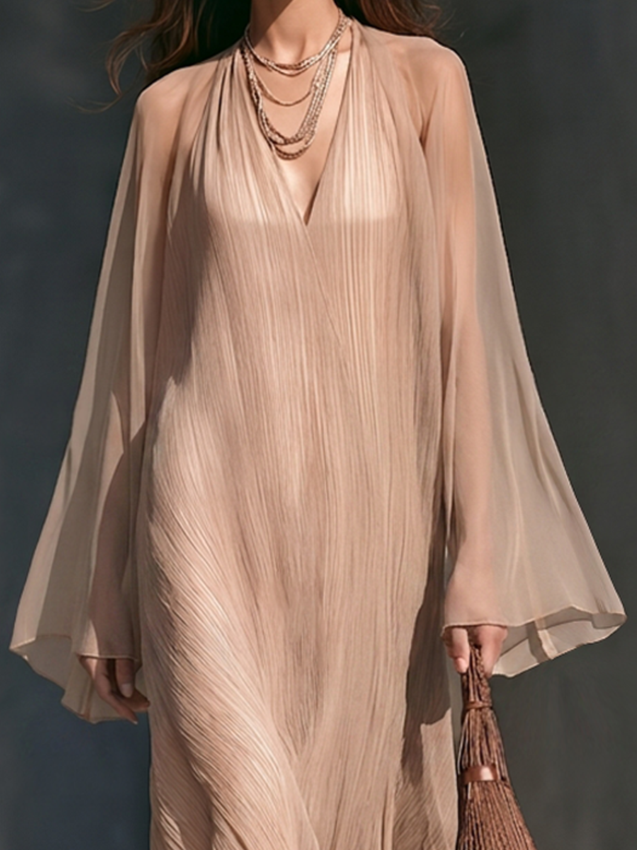 Women's Nude-Tone Chiffon Two-Piece Set (Pleated Slip Dress & Flared-Sleeve Cover-up) MDZ2897G8ZRK