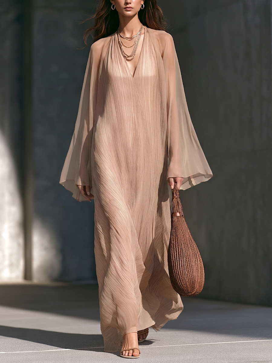 Women's Nude-Tone Chiffon Two-Piece Set (Pleated Slip Dress & Flared-Sleeve Cover-up) MDZ2897G8ZRK