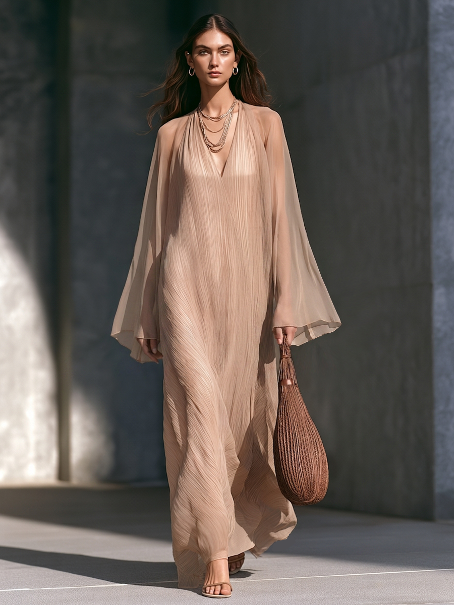 Women's Nude-Tone Chiffon Two-Piece Set (Pleated Slip Dress & Flared-Sleeve Cover-up) MDZ2897G8ZRK