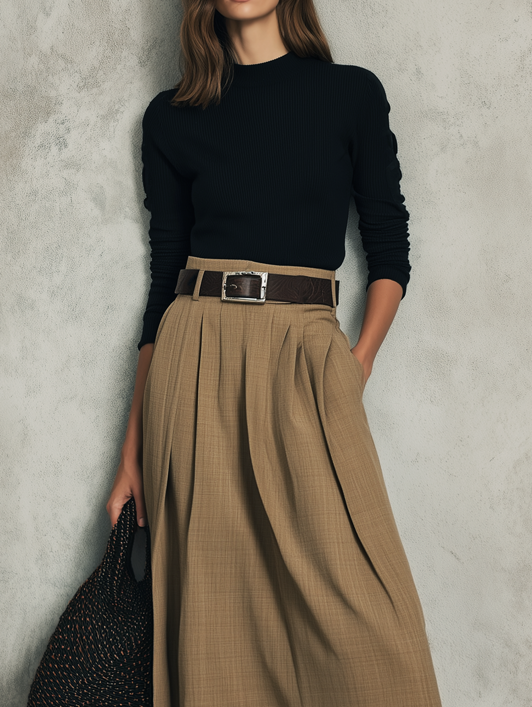 Women's Black Stretch Knit Long-sleeve Top Paired With A Brown Woven Skirt (belt Not Included) MDZ2850G6LXY