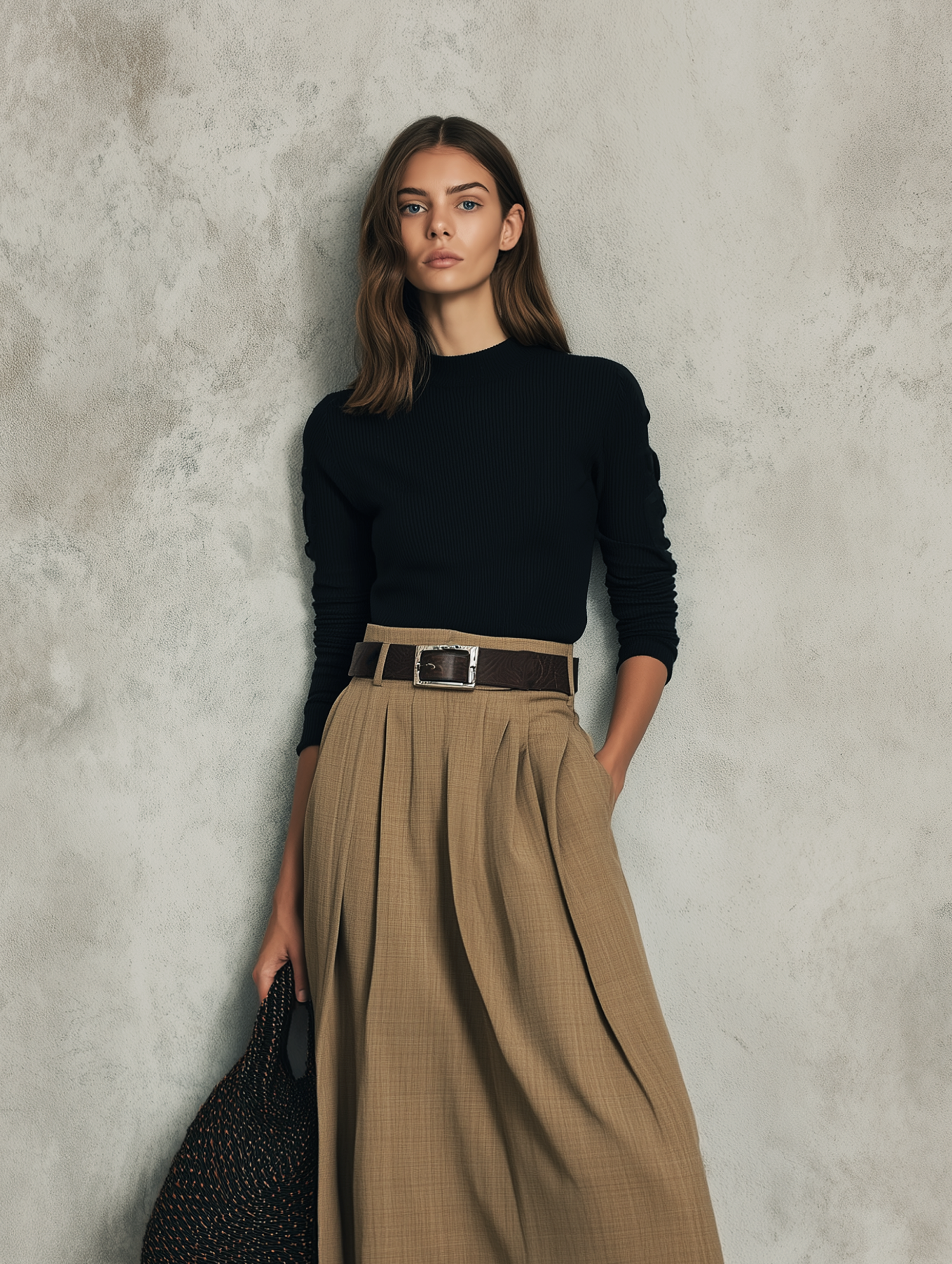 Women's Black Stretch Knit Long-sleeve Top Paired With A Brown Woven Skirt (belt Not Included) MDZ2850G6LXY