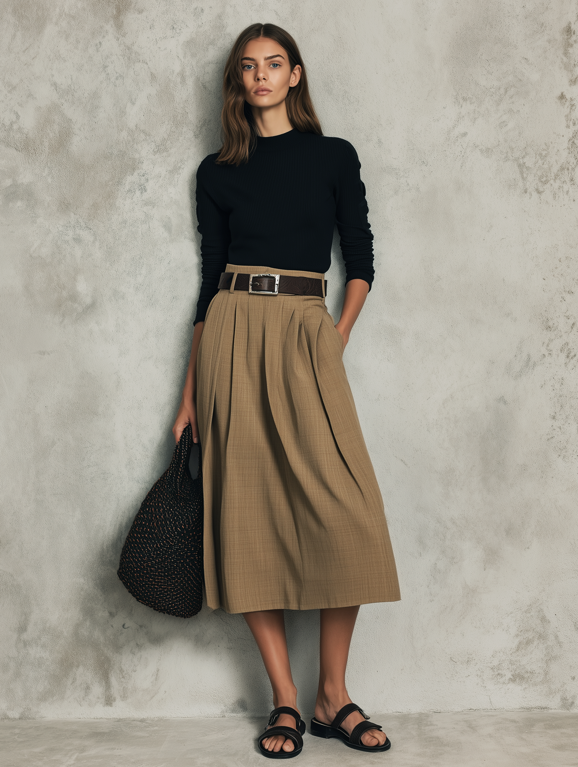 Women's Black Stretch Knit Long-sleeve Top Paired With A Brown Woven Skirt (belt Not Included) MDZ2850G6LXY