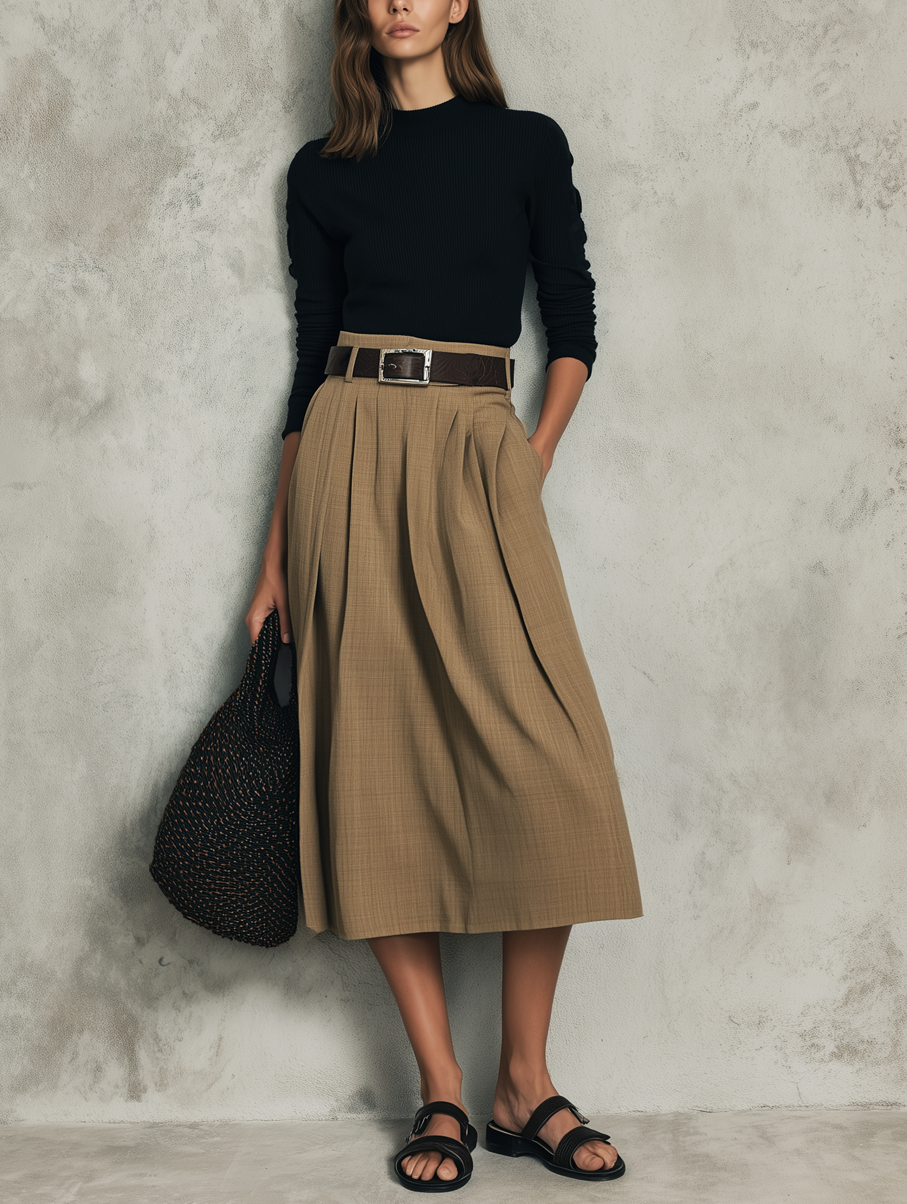Women's Black Stretch Knit Long-sleeve Top Paired With A Brown Woven Skirt (belt Not Included) MDZ2850G6LXY