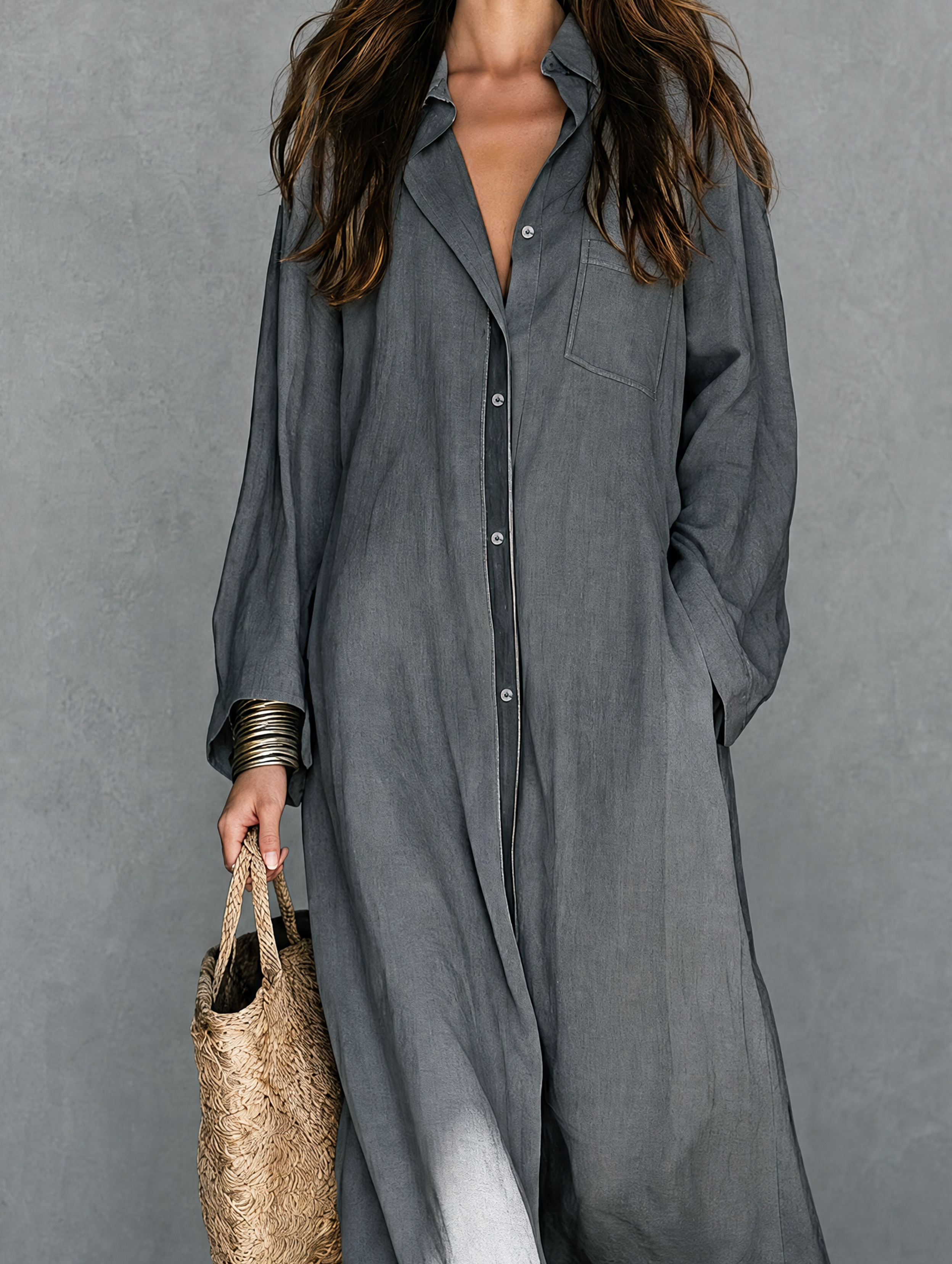 Women's Casual Grey Cotton-linen Long-sleeved Maxi Dress MDZ2879G3LXY