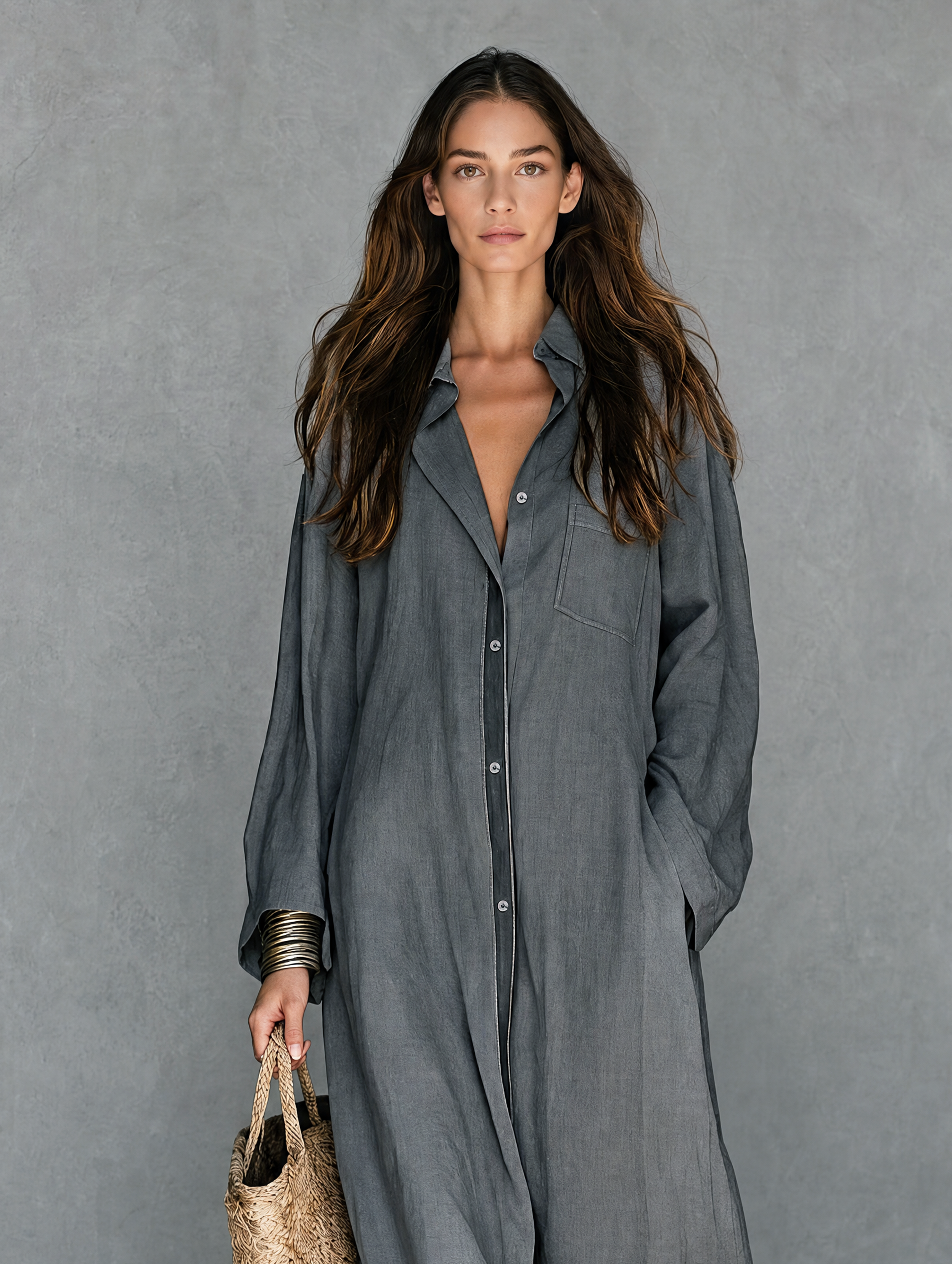 Women's Casual Grey Cotton-linen Long-sleeved Maxi Dress MDZ2879G3LXY