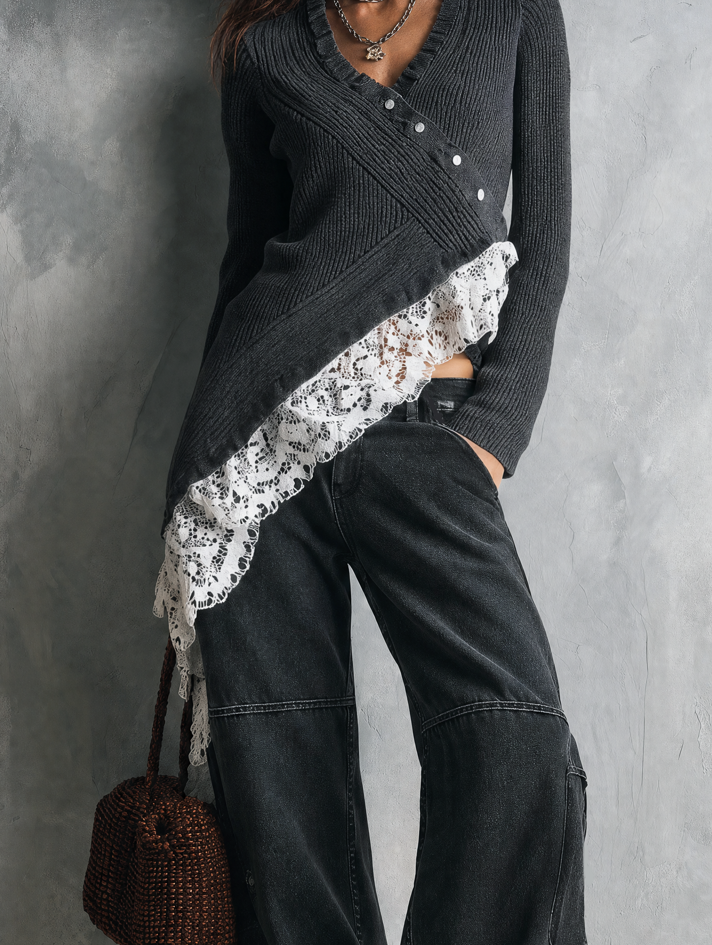 Women's Casual Charcoal Denim Trousers MDZ2806G7LXY