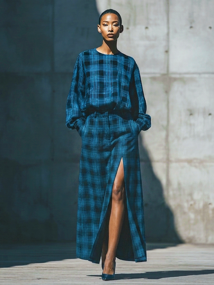 Women'S Minimalist Teal‑Black Check Cotton-linen Blend Balloon Sleeve Shirt Side Slit Long Skirt Outfit MDZ2864G4YZJ
