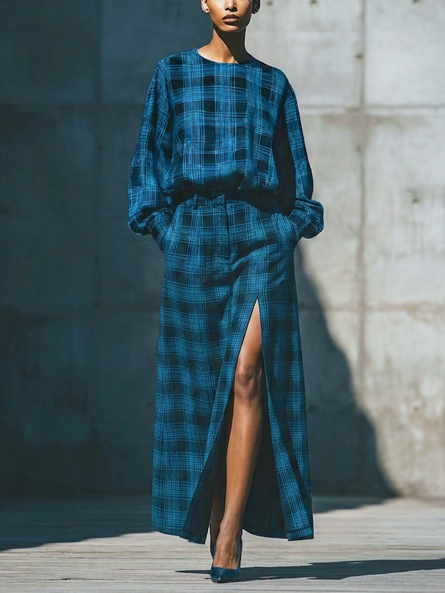 Women'S Minimalist Teal‑Black Check Cotton-linen Blend Balloon Sleeve Shirt Side Slit Long Skirt Outfit MDZ2864G4YZJ