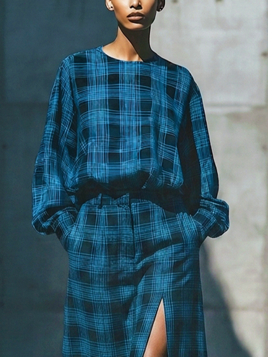Women'S Minimalist Teal‑Black Check Cotton-linen Blend Balloon Sleeve Shirt Side Slit Long Skirt Outfit MDZ2864G4YZJ