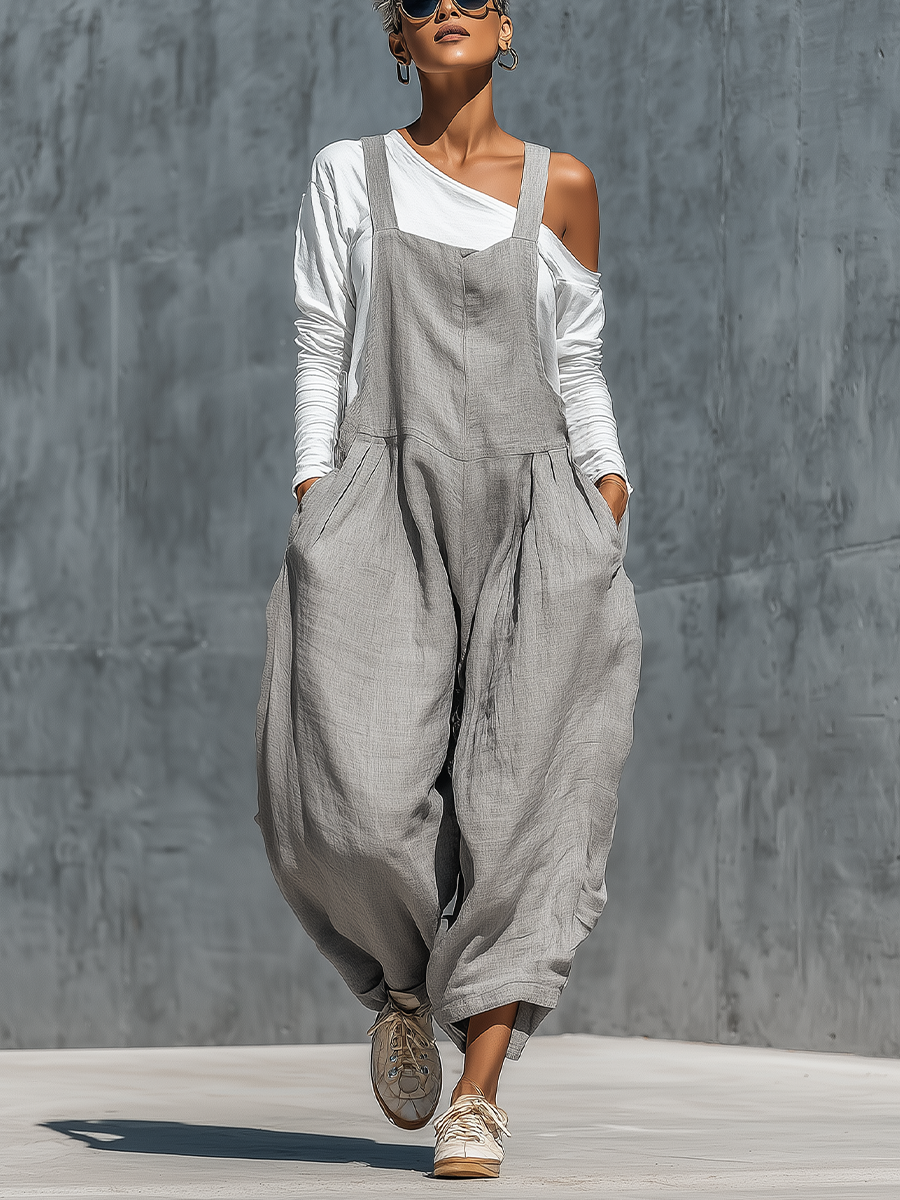 Women'S Casual Gray Cotton-linen blend Loose Fit Pocket Wide Leg Overalls With A White Base Layer MDZ2838G7YZJ