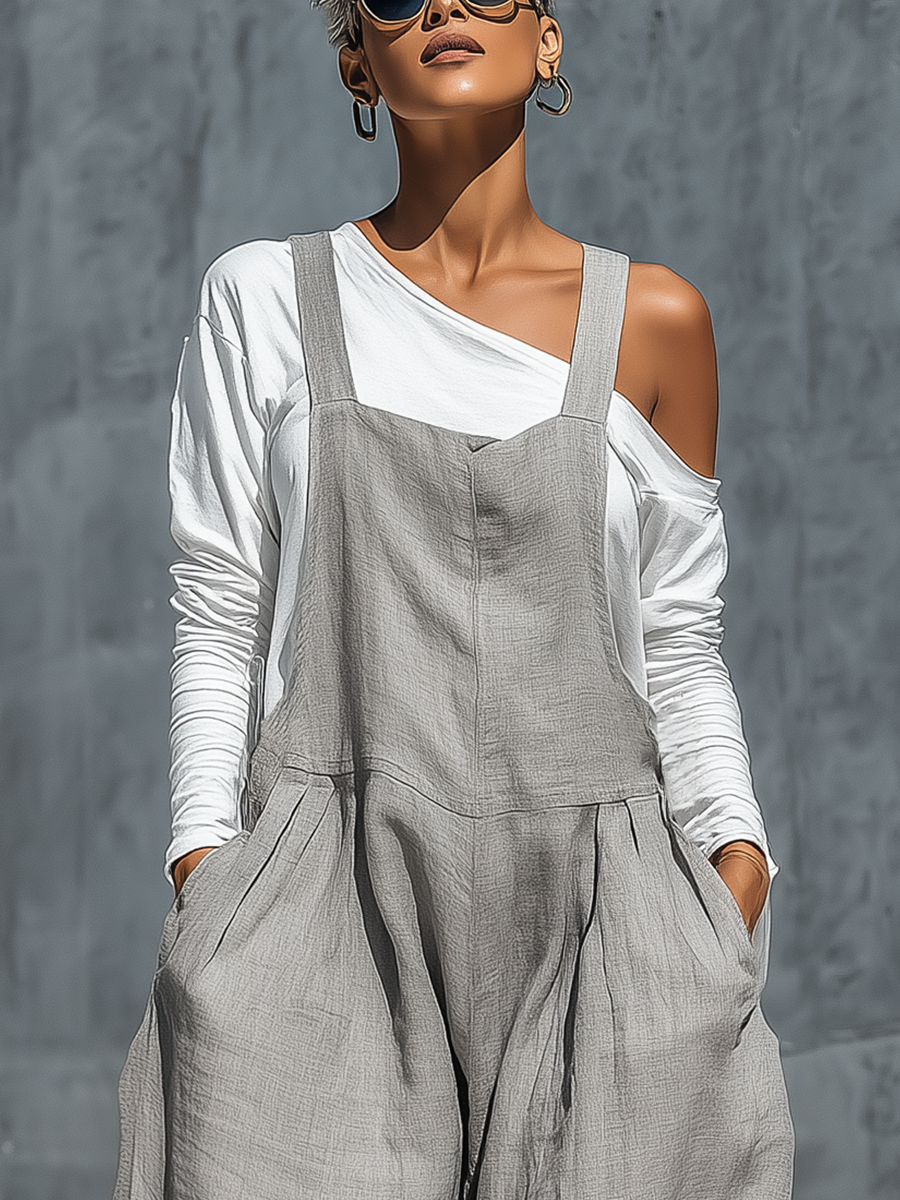 Women'S Casual Gray Cotton-linen blend Loose Fit Pocket Wide Leg Overalls With A White Base Layer MDZ2838G7YZJ