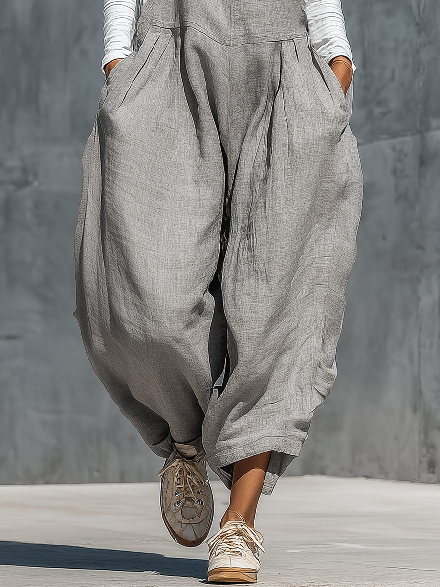 Women'S Casual Gray Cotton-linen blend Loose Fit Pocket Wide Leg Overalls With A White Base Layer MDZ2838G7YZJ