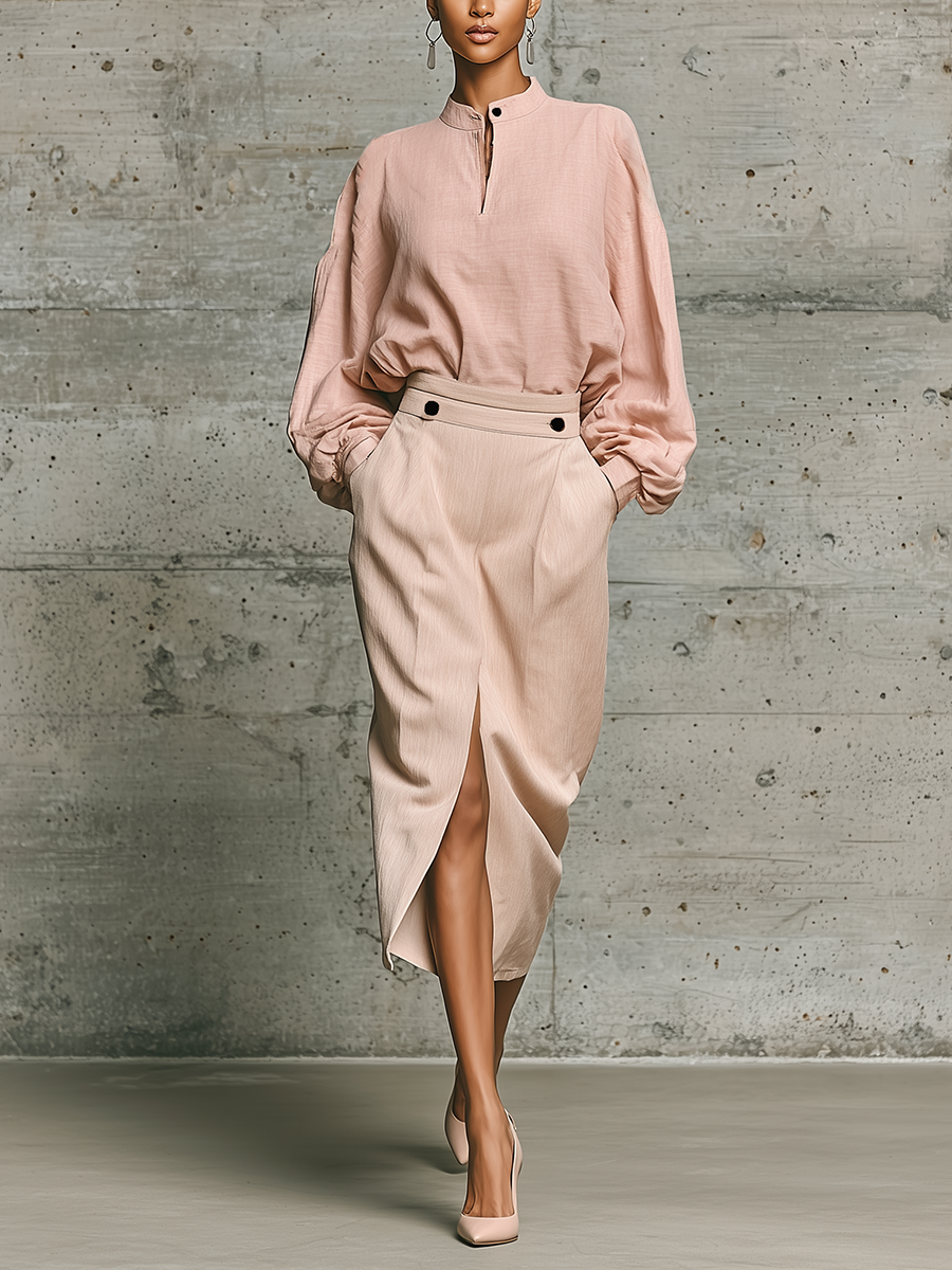 Women'S Elegant Dusty Pink Cotton-linen Blend Button Decor Blouse High Waist Split Midi Skirt Set MDZ2800G9YZJ