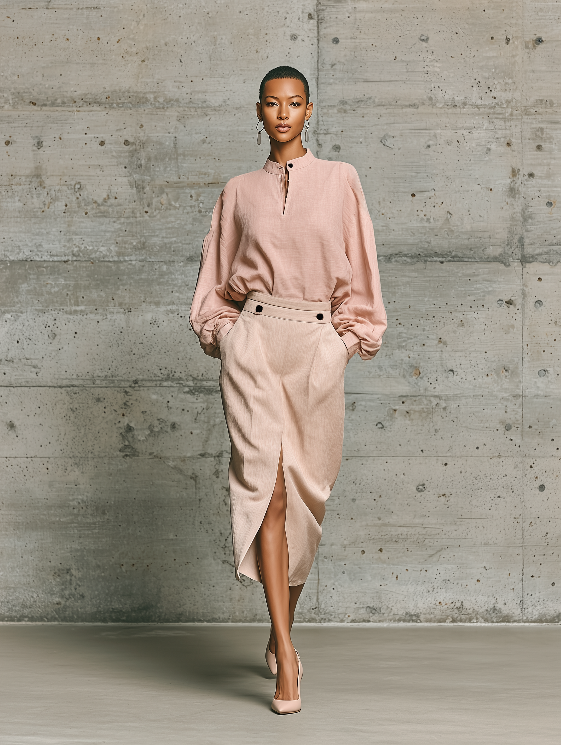 Women'S Elegant Dusty Pink Cotton-linen Blend Button Decor Blouse High Waist Split Midi Skirt Set MDZ2800G9YZJ