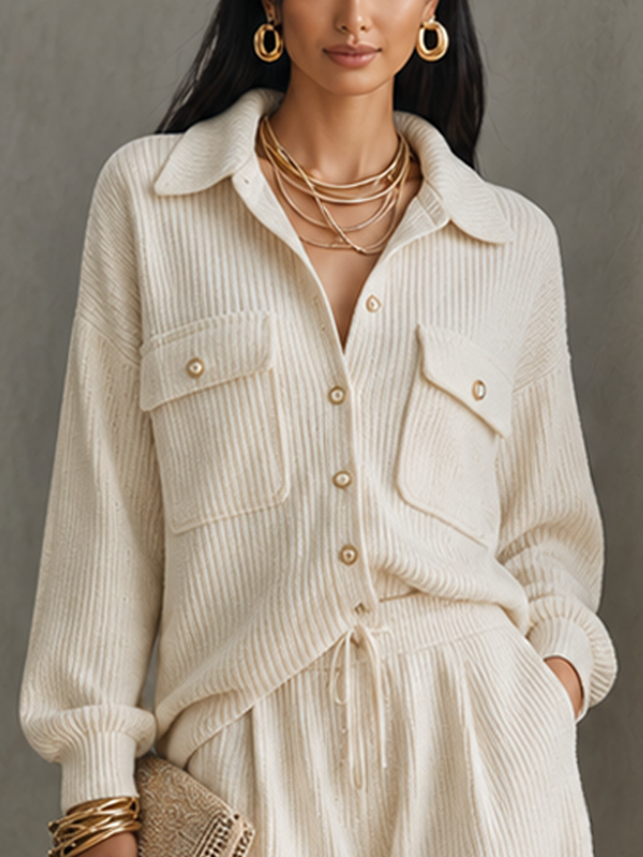 Women's Casual Elegant Ivory Ribbed Cotton Blend Patch Pocket Shorts Set MDZ2769G2GMJ