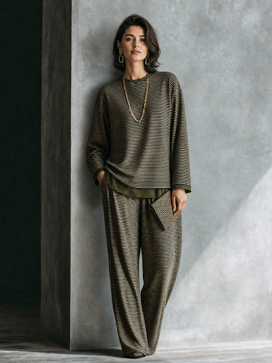 Women's Casual Elegant Olive Green Beige Knit Cotton Blend Striped Wide-Leg Pants Set MDZ2780G6GMJ
