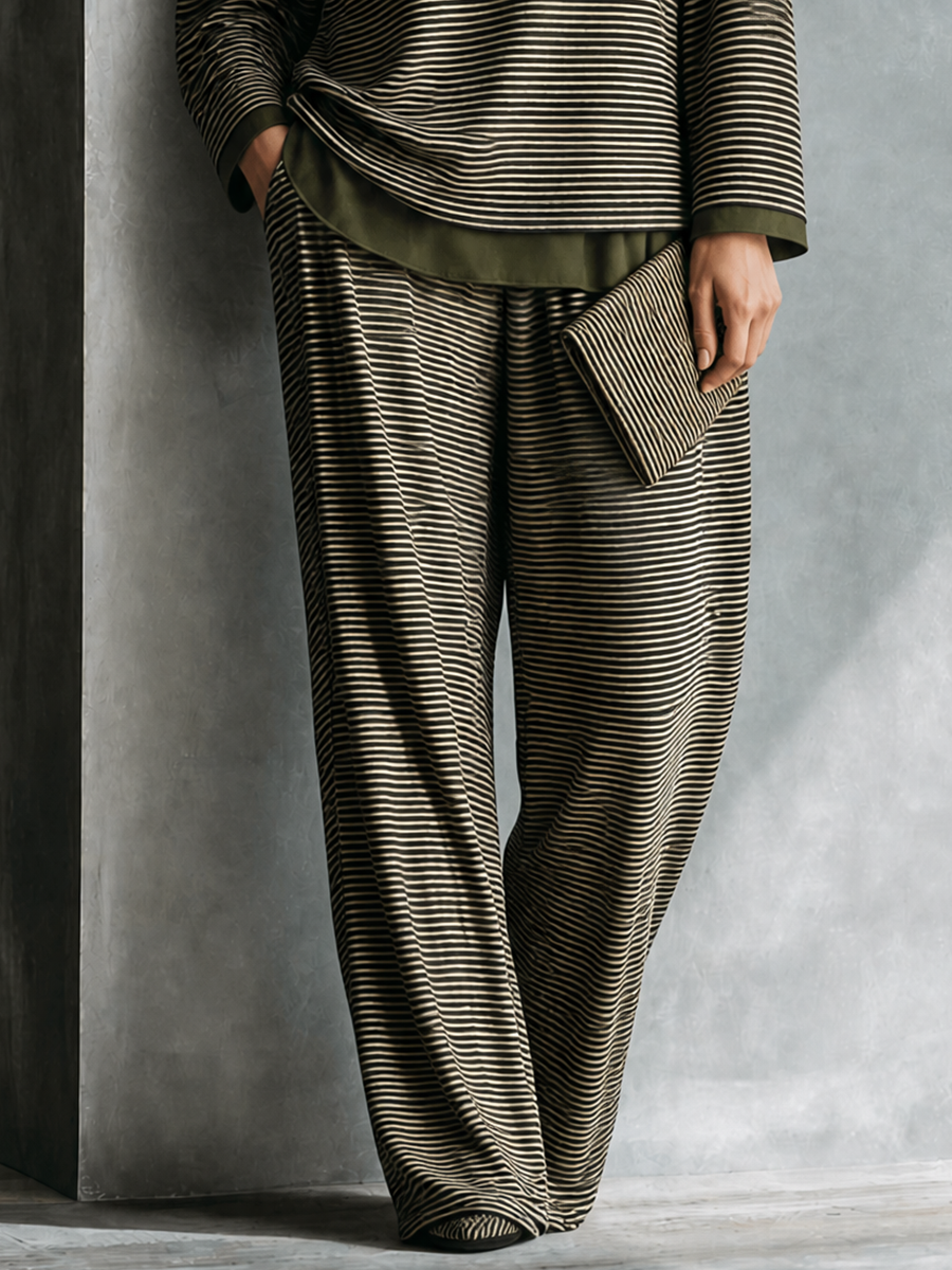 Women's Casual Elegant Olive Green Beige Knit Cotton Blend Striped Wide-Leg Pants Set MDZ2780G6GMJ