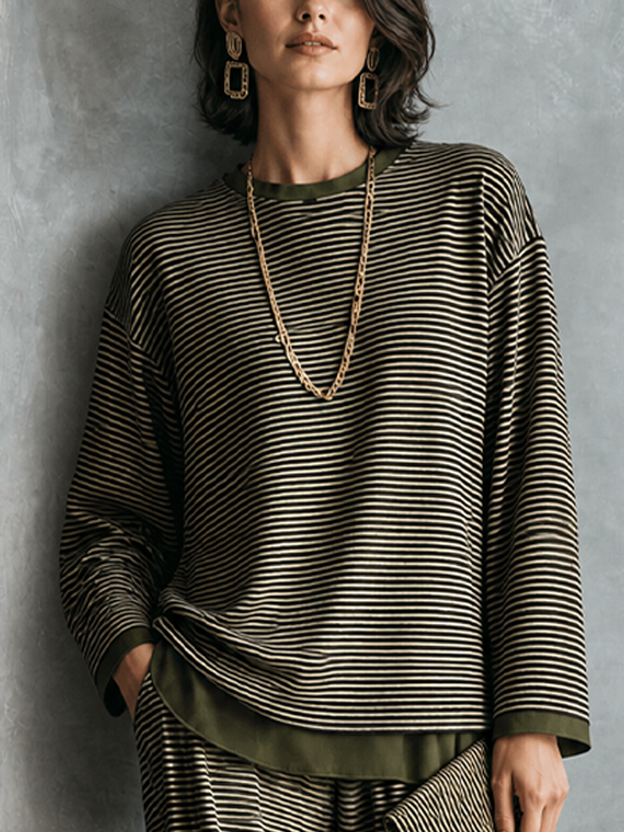 Women's Casual Elegant Olive Green Beige Knit Cotton Blend Striped Wide-Leg Pants Set MDZ2780G6GMJ
