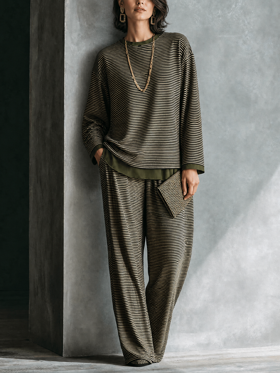 Women's Casual Elegant Olive Green Beige Knit Cotton Blend Striped Wide-Leg Pants Set MDZ2780G6GMJ