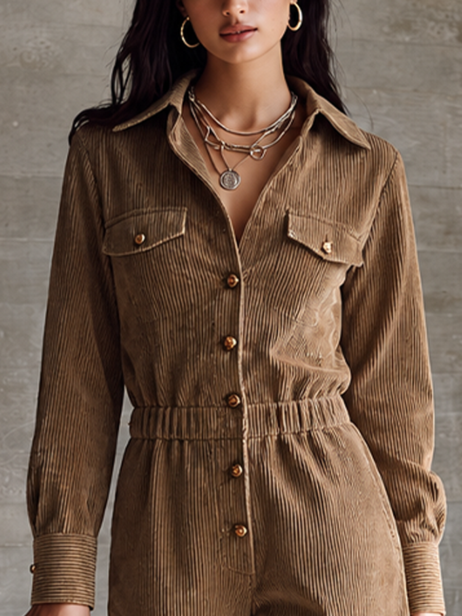 Women's Retro Brown Corduroy Button-Front Elastic Waist Short Jumpsuit MDZ2768G6GMJ
