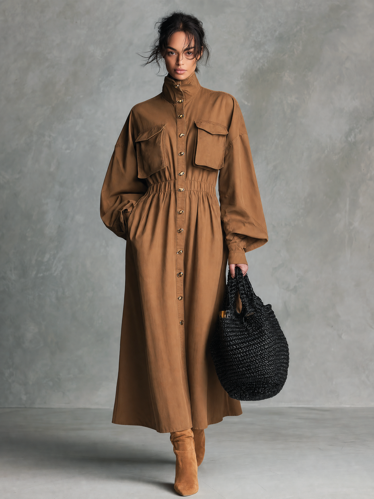Women's Casual Camel Woven Long-sleeve Maxi Dress MDZ2971G7LXY