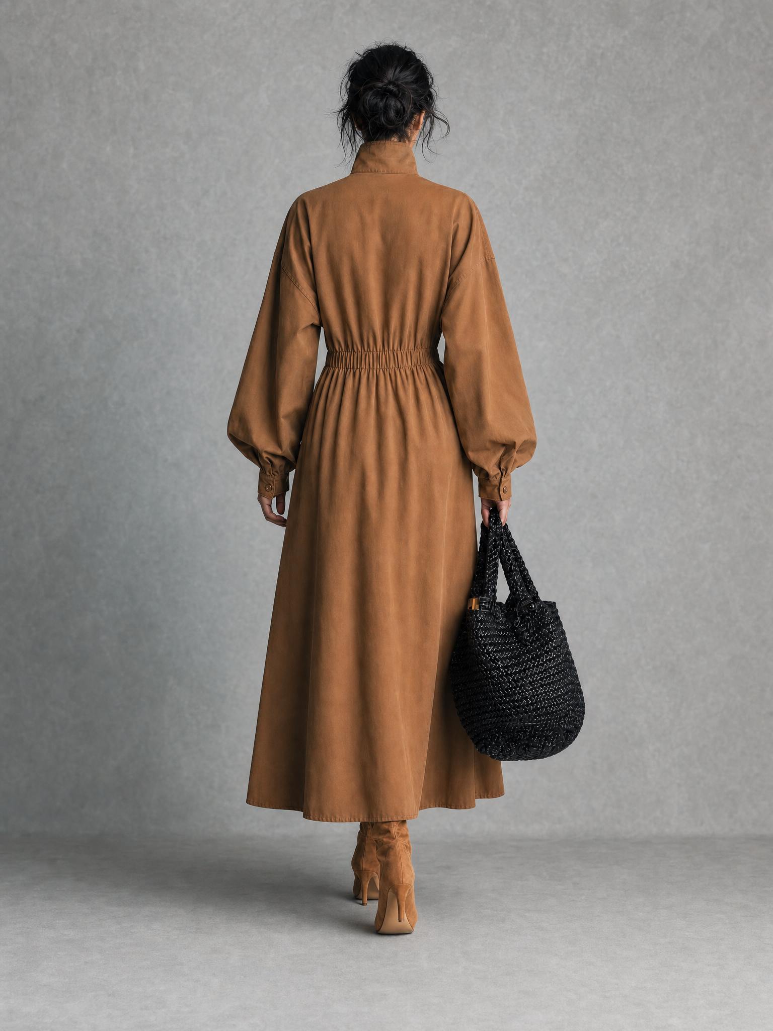 Women's Casual Camel Woven Long-sleeve Maxi Dress MDZ2971G7LXY