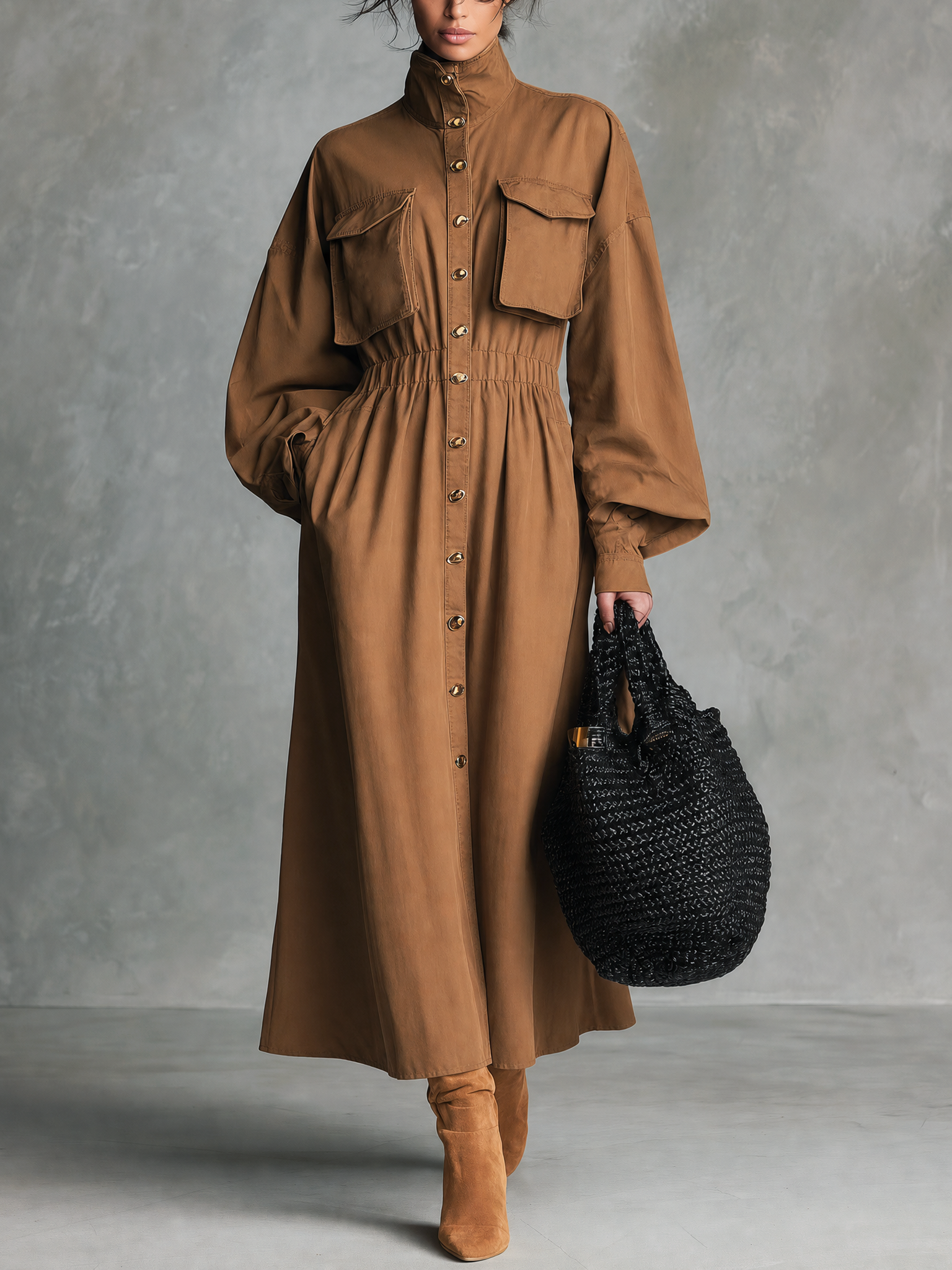 Women's Casual Camel Woven Long-sleeve Maxi Dress MDZ2971G7LXY