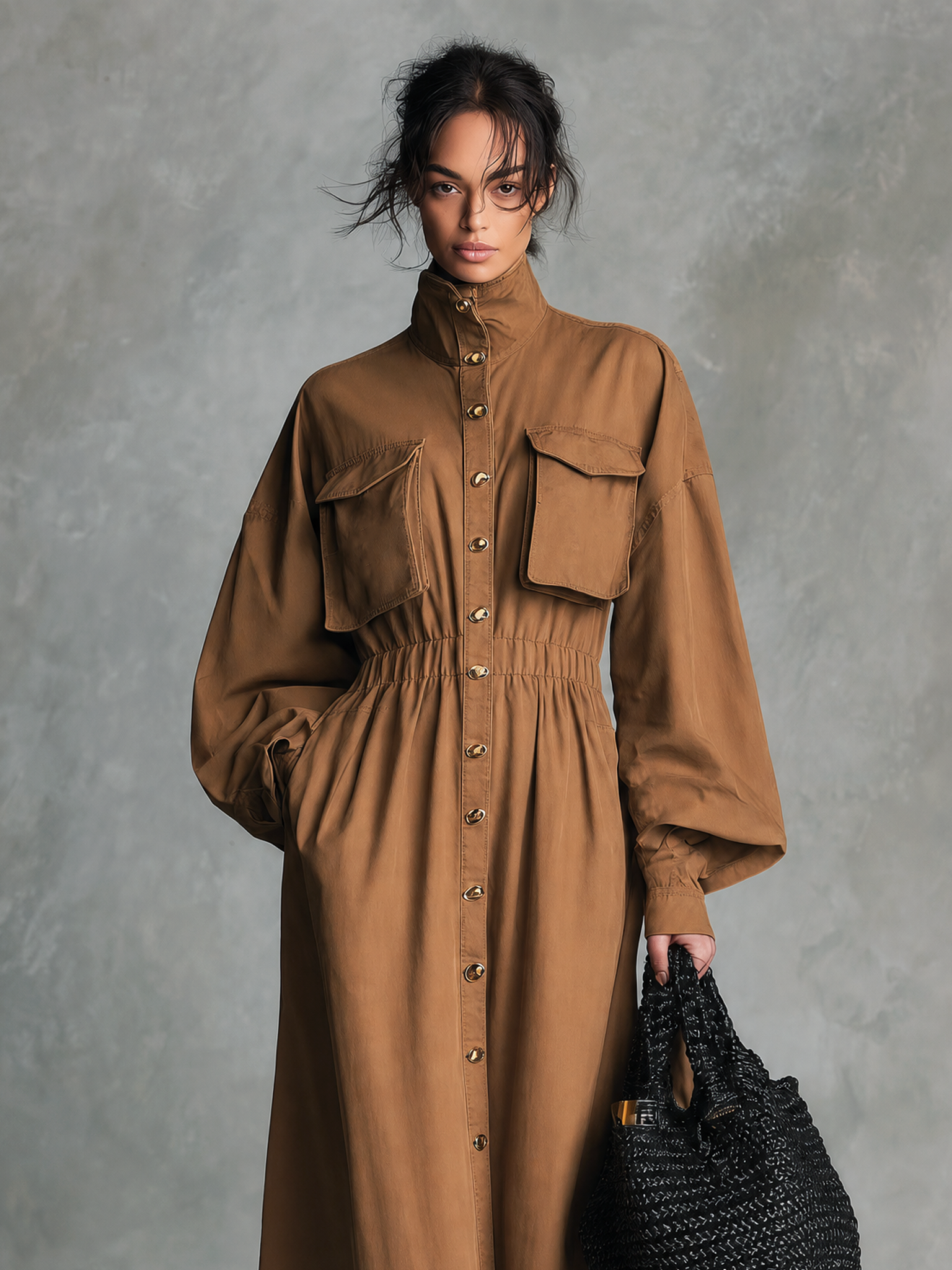 Women's Casual Camel Woven Long-sleeve Maxi Dress MDZ2971G7LXY
