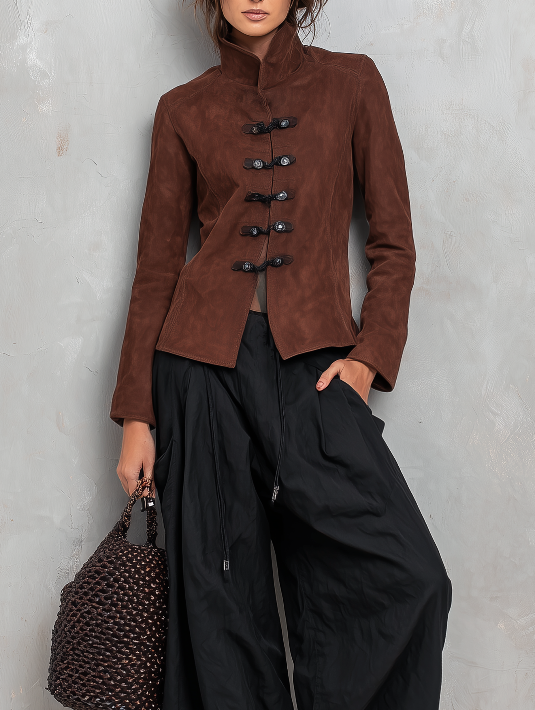 Women's Casual Brown Suede Long-sleeve Jacket Paired With Black Woven Trousers MDZ2956G0LXY