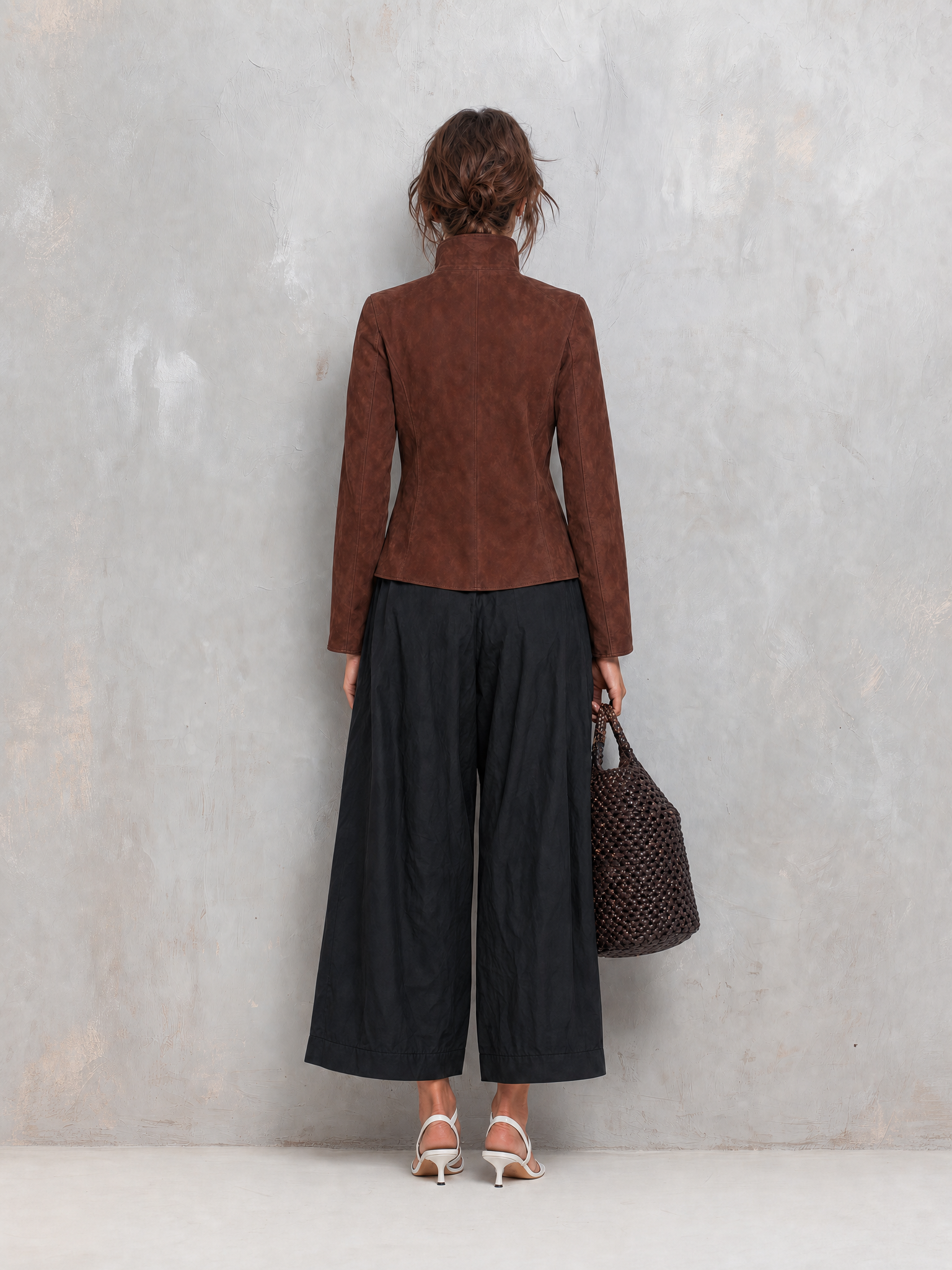 Women's Casual Brown Suede Long-sleeve Jacket Paired With Black Woven Trousers MDZ2956G0LXY