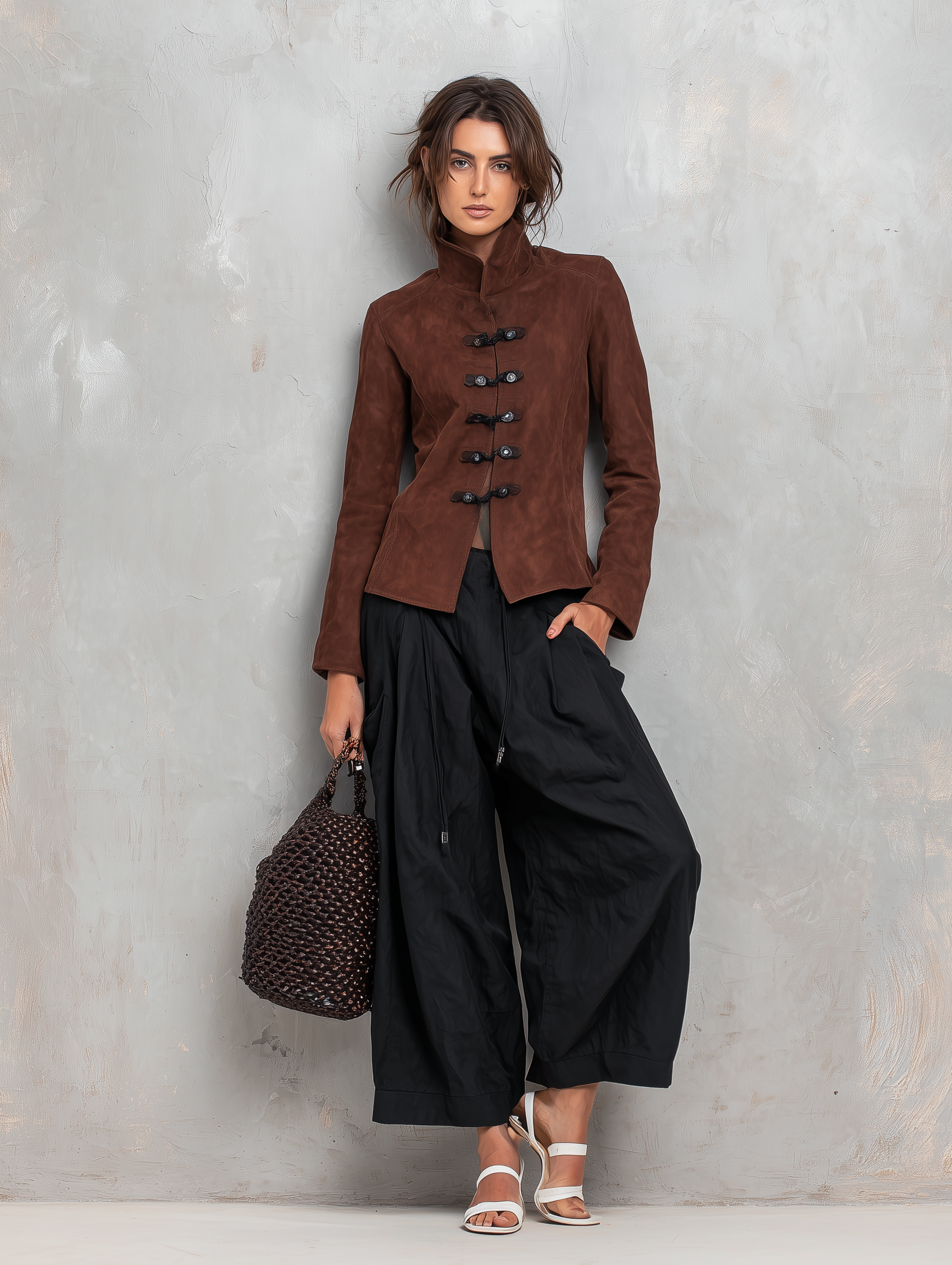 Women's Casual Brown Suede Long-sleeve Jacket Paired With Black Woven Trousers MDZ2956G0LXY
