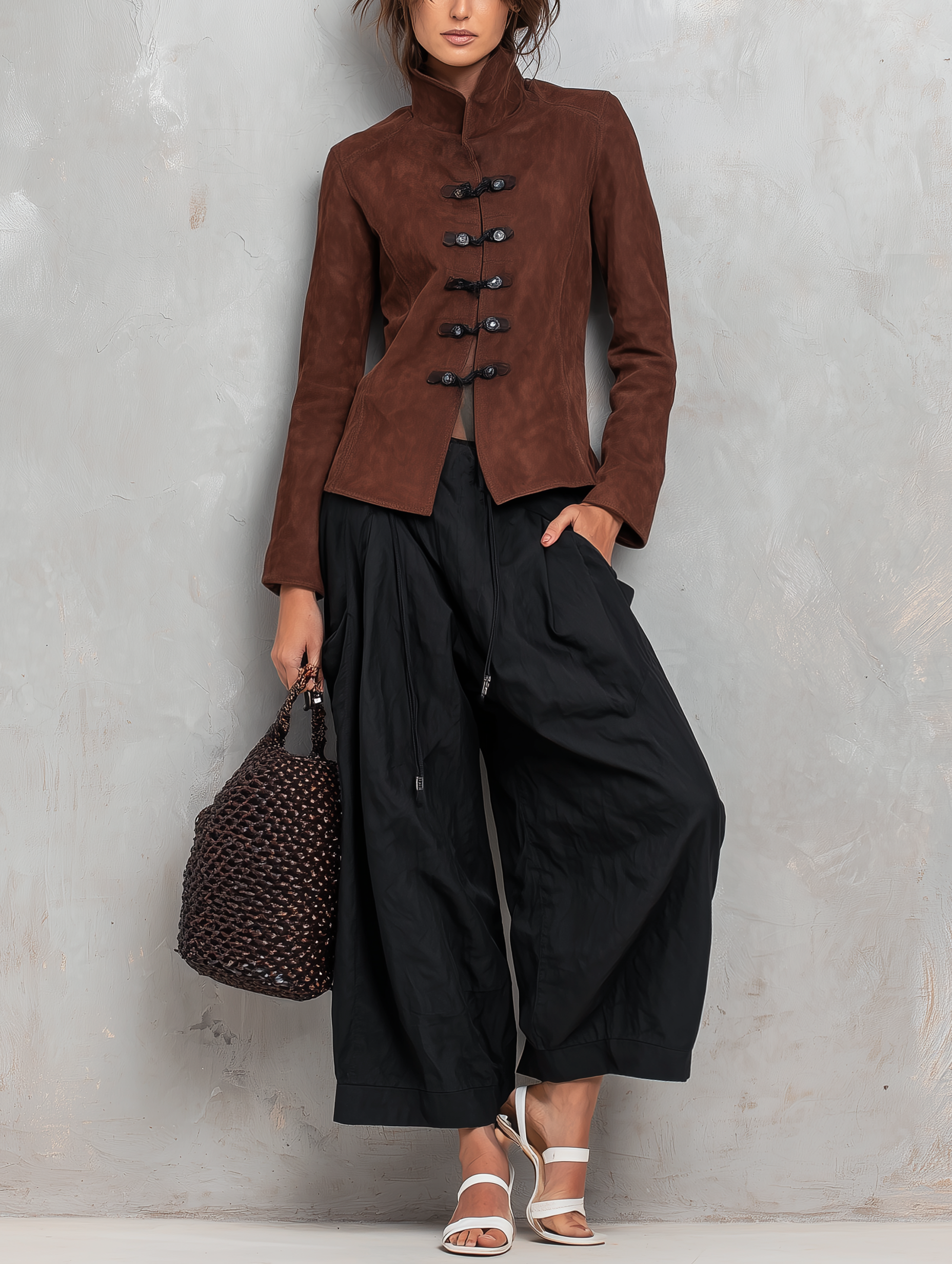 Women's Casual Brown Suede Long-sleeve Jacket Paired With Black Woven Trousers MDZ2956G0LXY