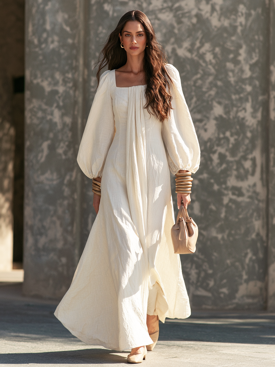 Women's Casual Beige Cotton-linen Long-sleeved Maxi Dress MDZ2962G7LXY