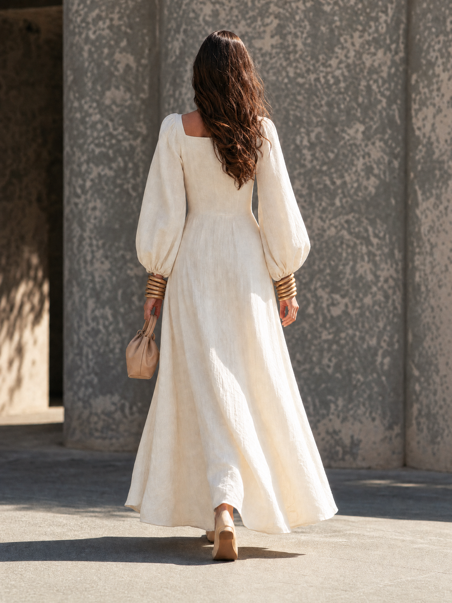 Women's Casual Beige Cotton-linen Long-sleeved Maxi Dress MDZ2962G7LXY