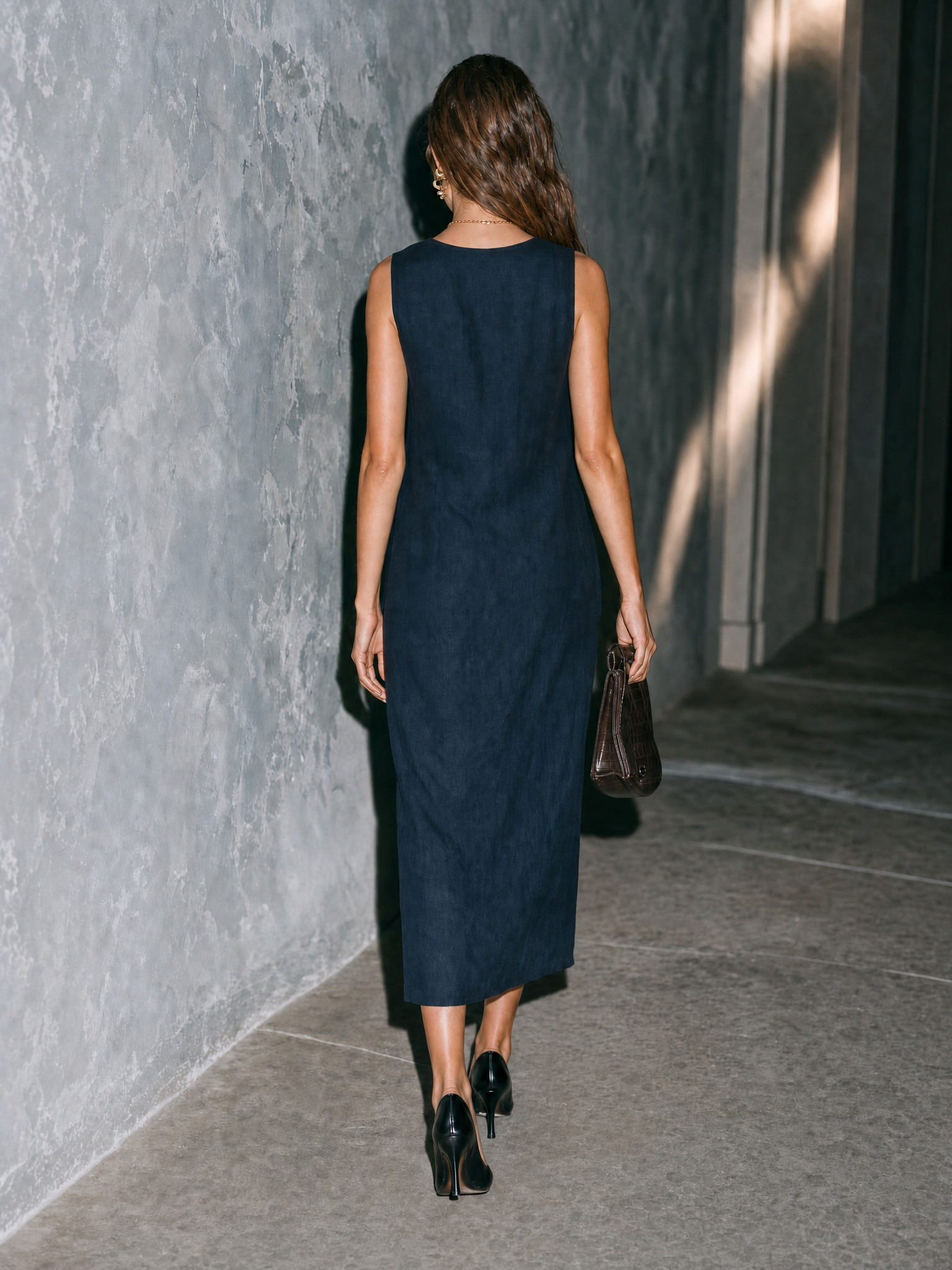 Women's Casual Navy Blue Cotton-linen Sleeveless Maxi Dress MDZ2998G5LXY