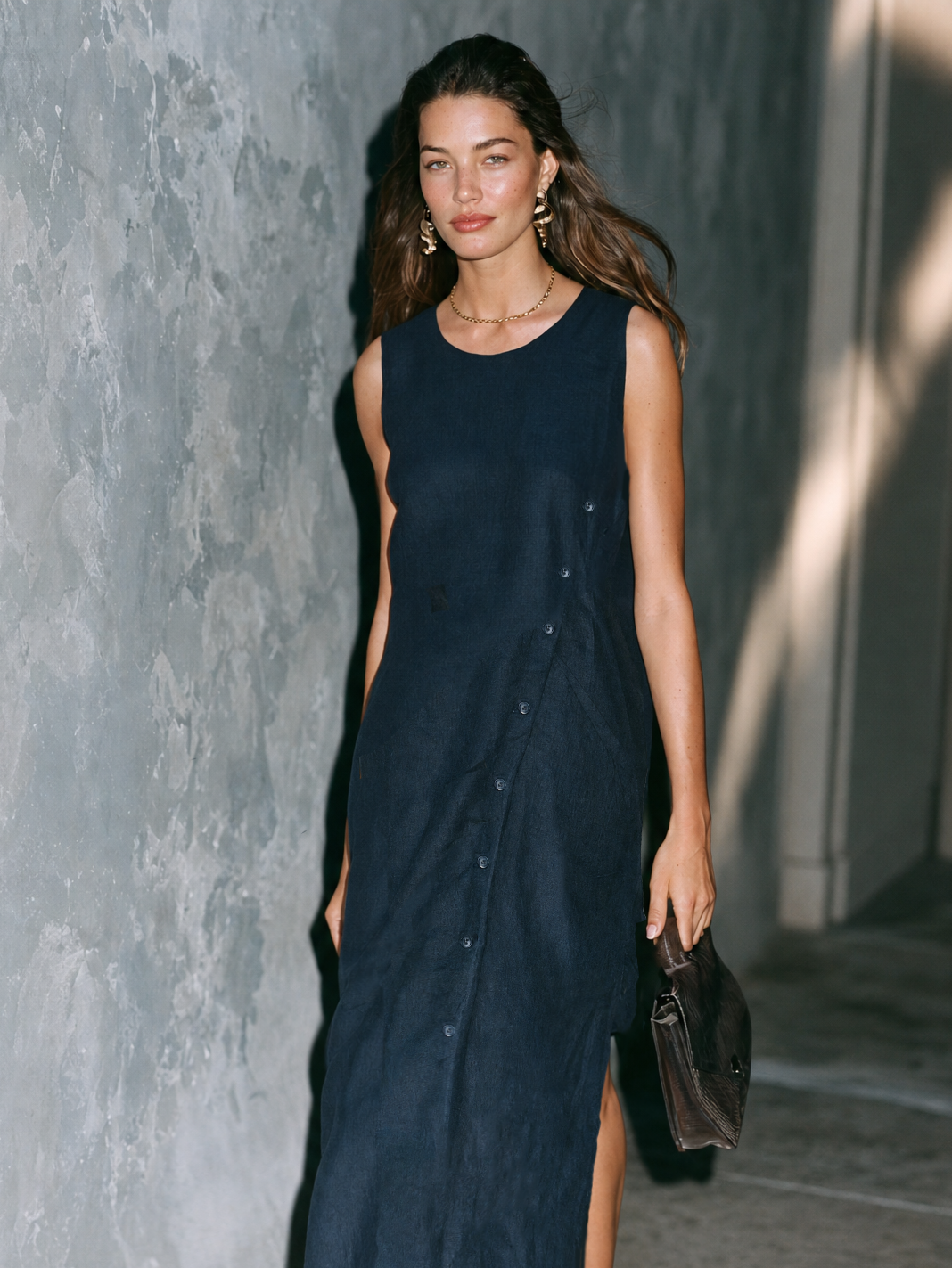 Women's Casual Navy Blue Cotton-linen Sleeveless Maxi Dress MDZ2998G5LXY