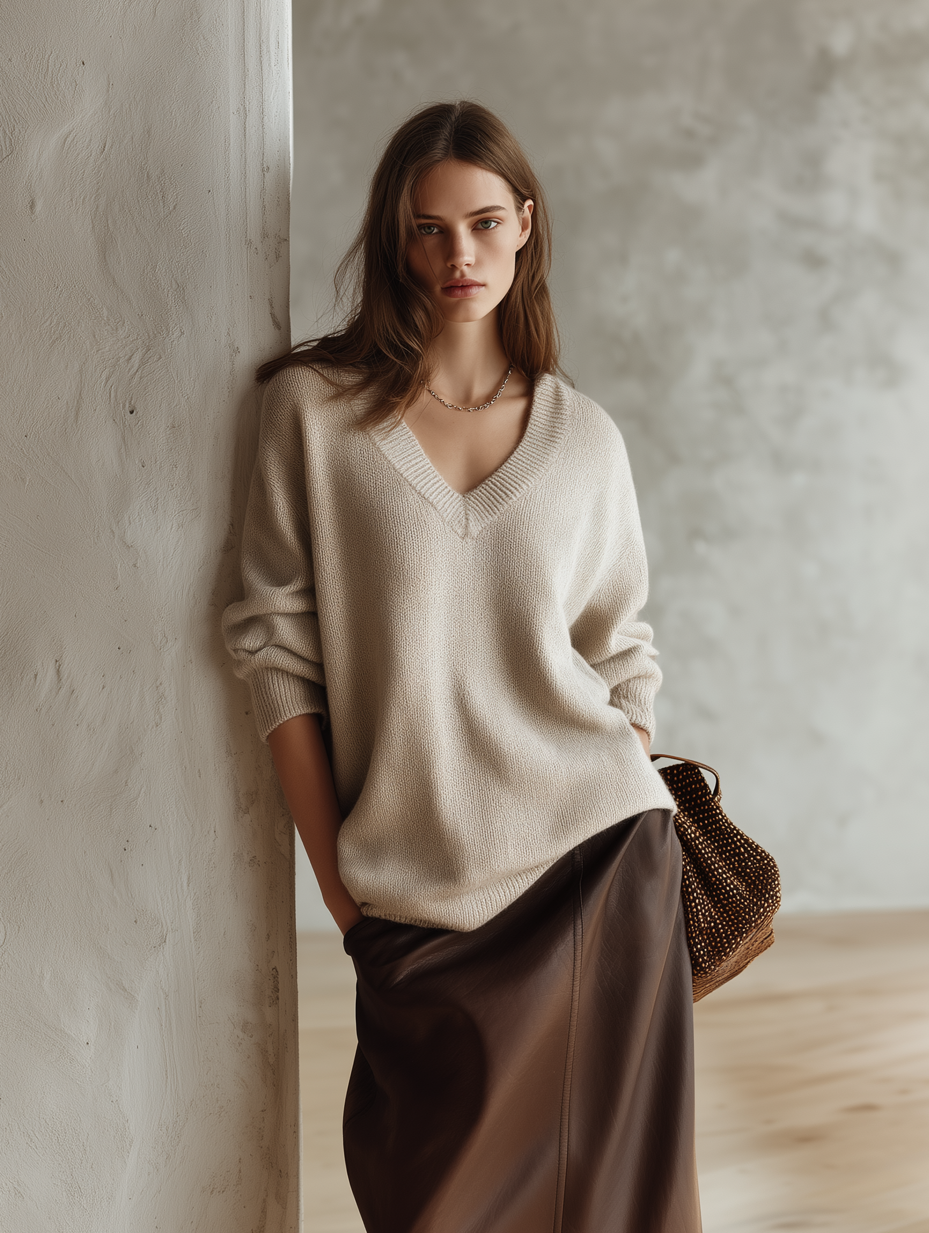 Women's Casual Apricot V-neck Long-sleeve Knit Sweater MDZ2945G2LXY