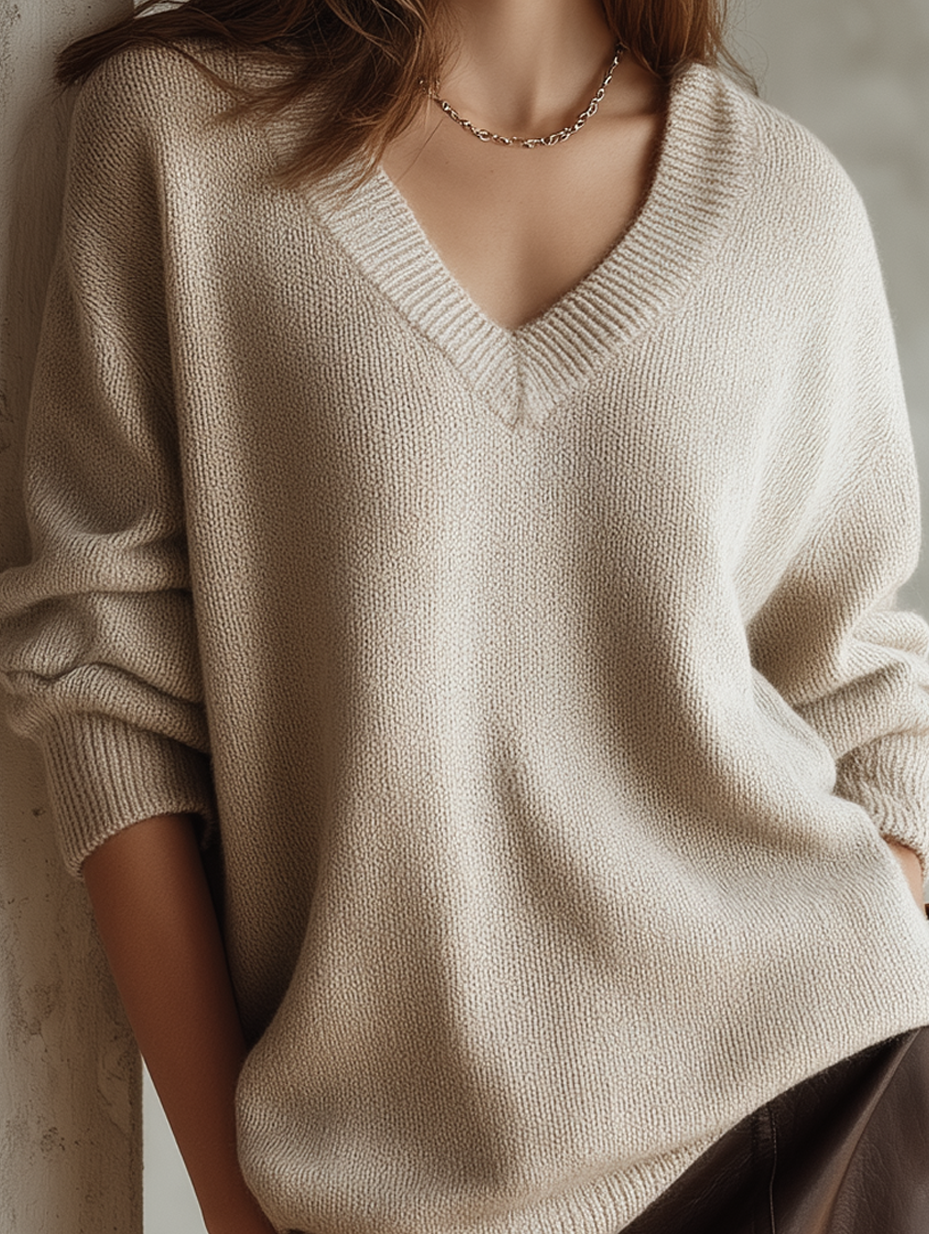 Women's Casual Apricot V-neck Long-sleeve Knit Sweater MDZ2945G2LXY