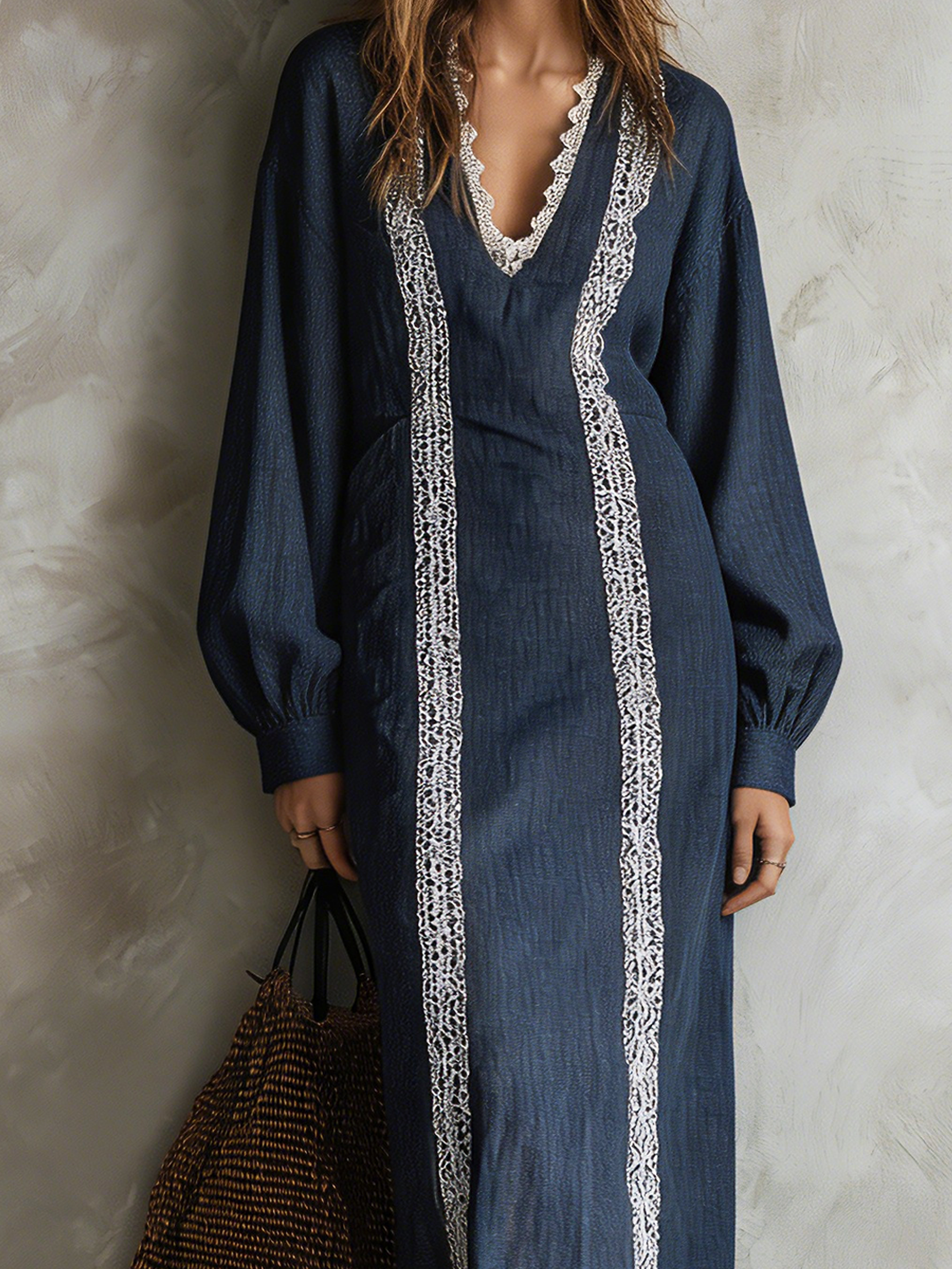 Women's Casual Long-sleeved Maxi Dress In Dark Blue Cotton-linen Blend With Lace Detailing MDZ2923G0LXY