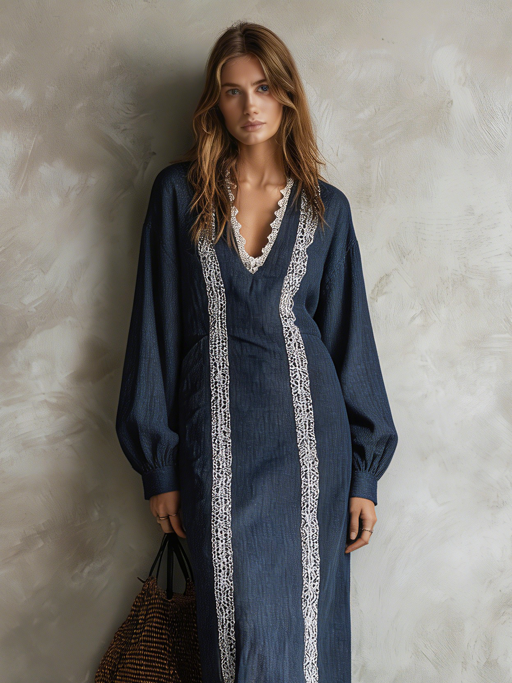 Women's Casual Long-sleeved Maxi Dress In Dark Blue Cotton-linen Blend With Lace Detailing MDZ2923G0LXY